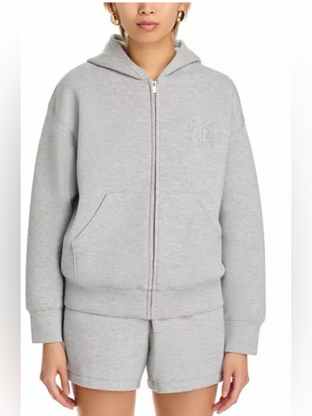 Anine Bing Gray Bond Zip Up Framed Monogram Hoodie
